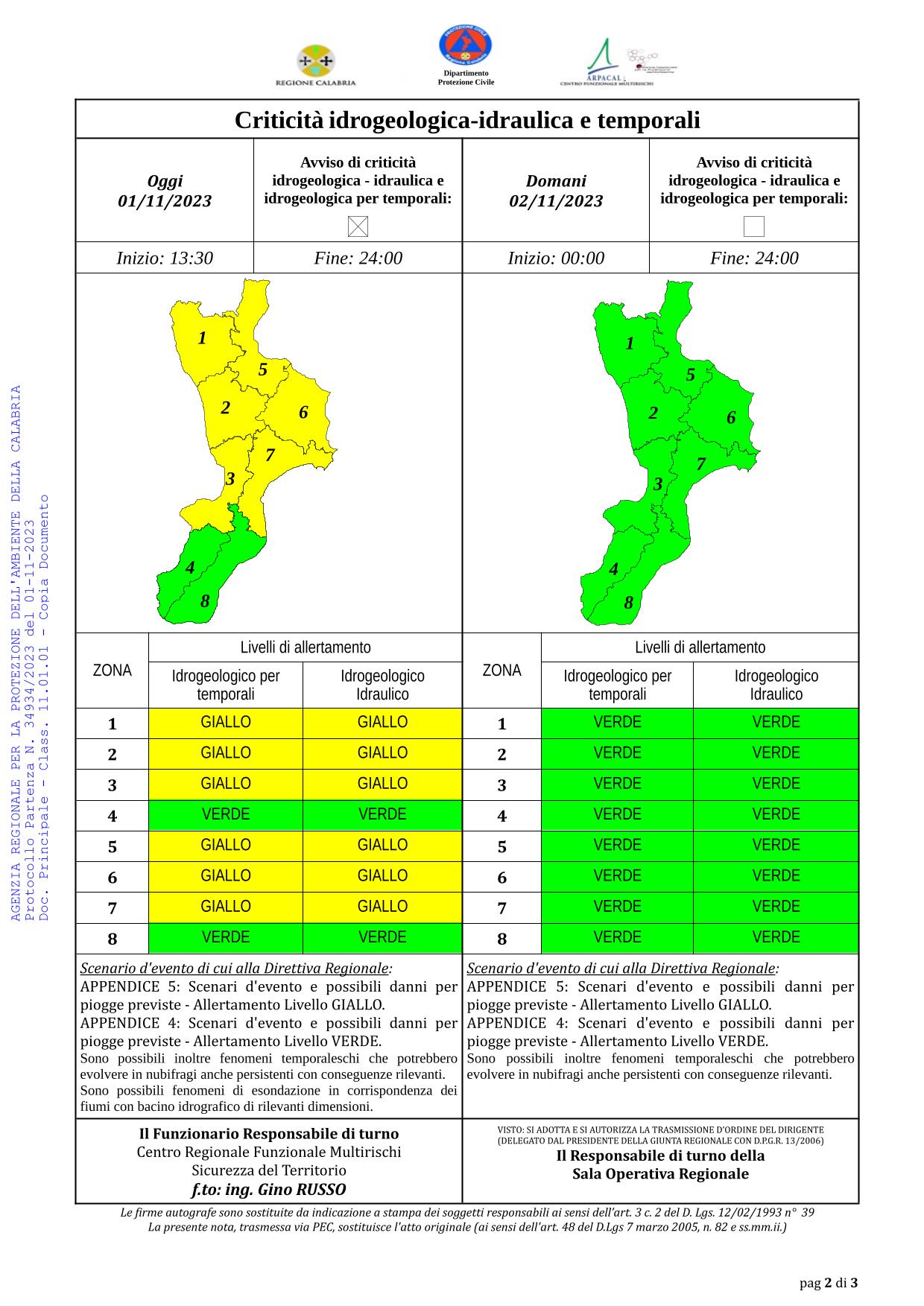 Criticità idrogeologica-idraulica e temporali in Calabria 01-11-2023