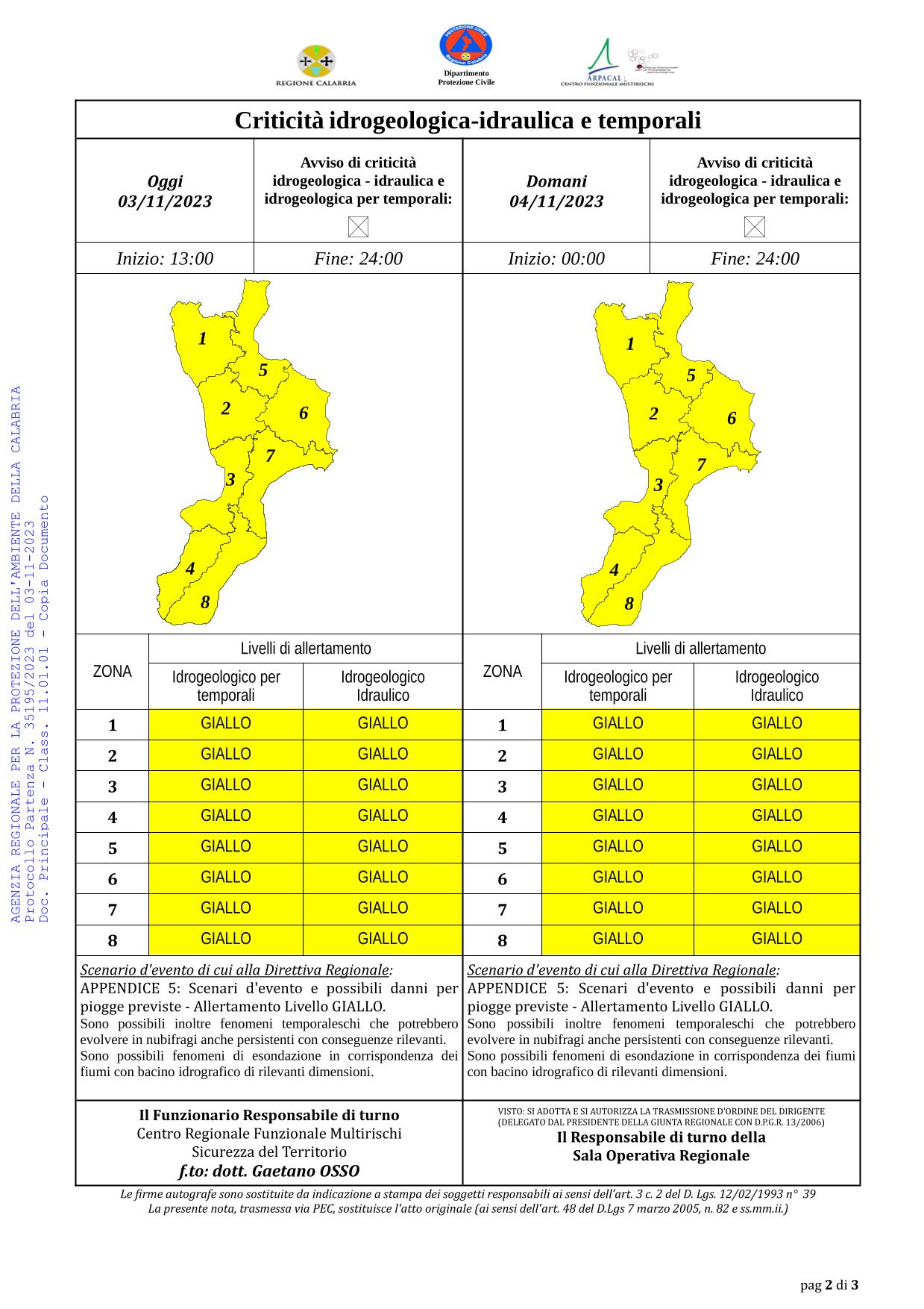 Criticità idrogeologica-idraulica e temporali in Calabria 03-11-2023