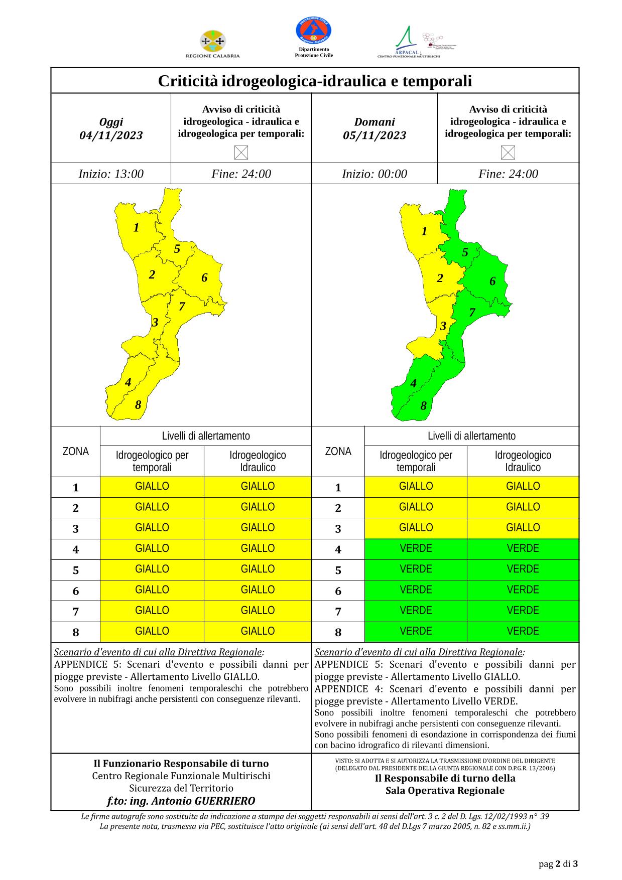 Criticità idrogeologica-idraulica e temporali in Calabria 04-11-2023