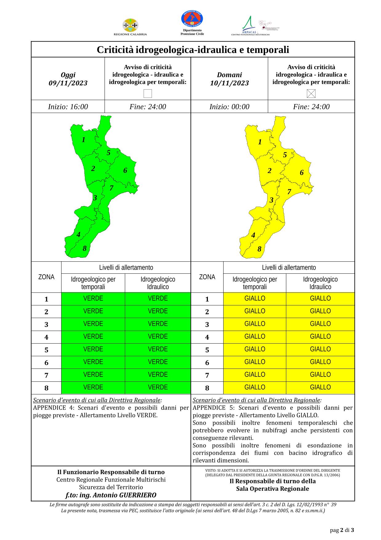 Criticità idrogeologica-idraulica e temporali in Calabria 09-11-2023