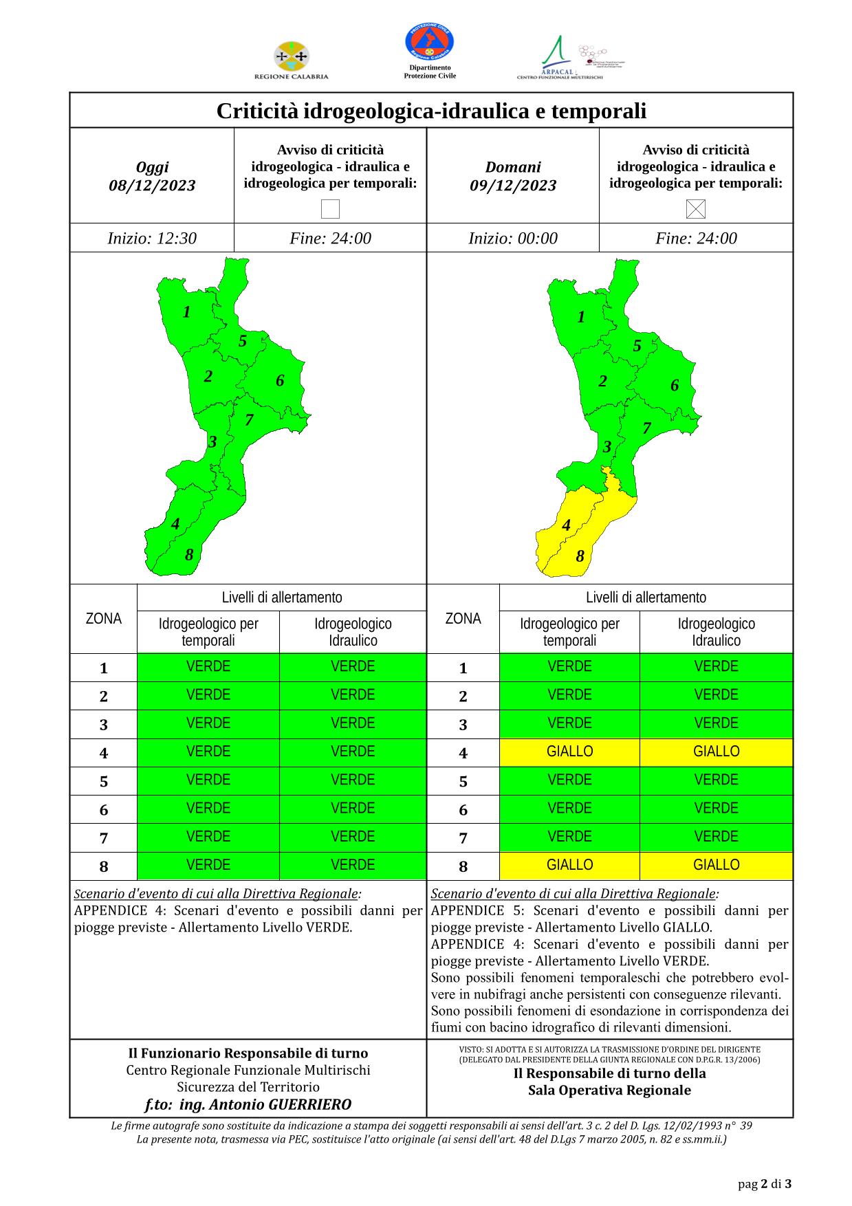 Criticità idrogeologica-idraulica e temporali in Calabria 08-12-2023